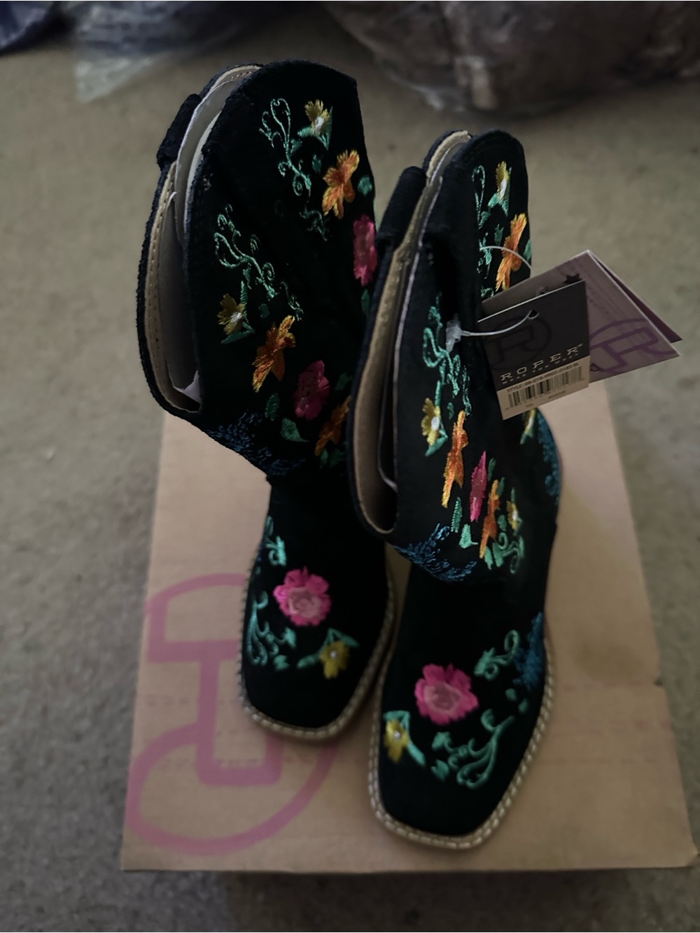 Roper Black Embroidered Floral Kids Western Booties NIB